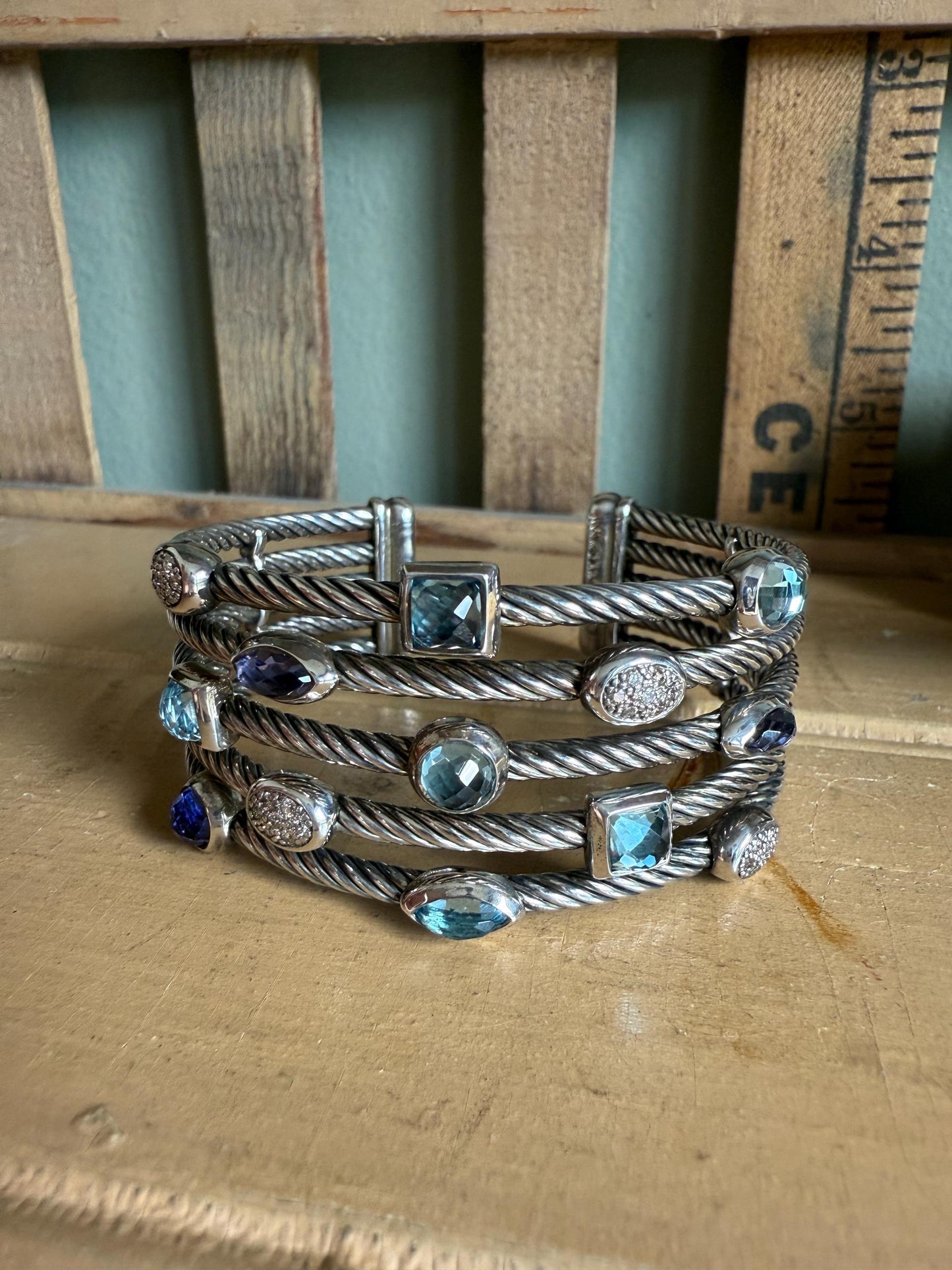 David Yurman Confetti Topaz and Iolite and Diamond Twisted Cable Cuff Bracelet