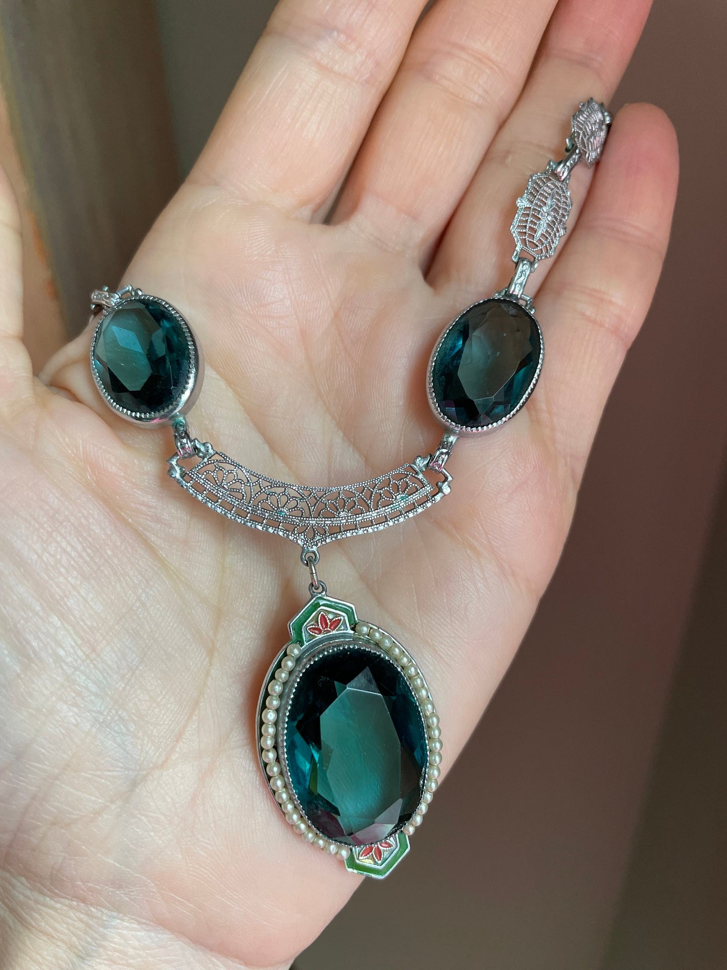 1930s Art Deco Necklace: Rhodium Plated Tourmaline Glass & Enamel