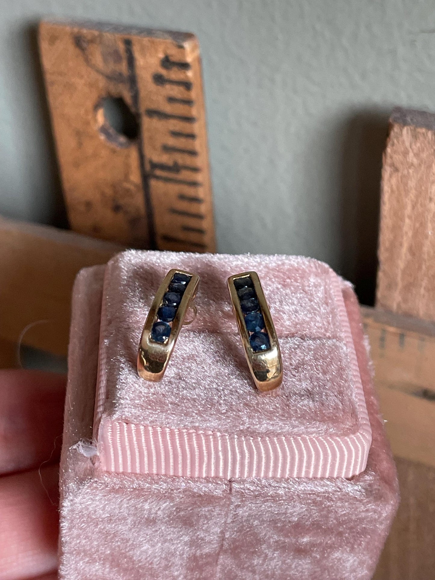Vintage 14K Yellow Gold Channel Set Round Cut Sapphires in Half Hoops Earrings