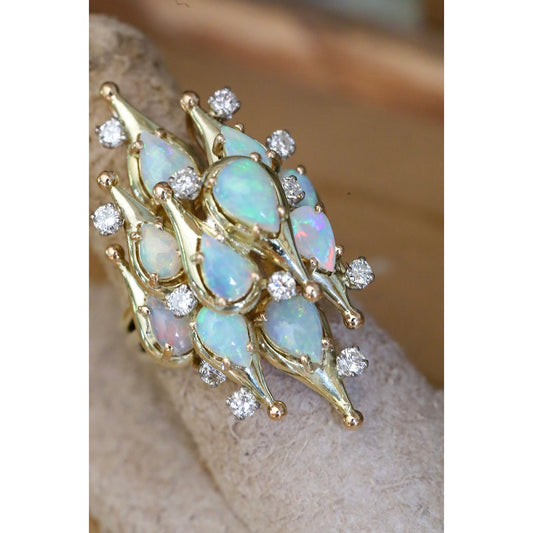 A Fine 1960's Jack Gutschneider 14K Opal and Diamond Cocktail Ring