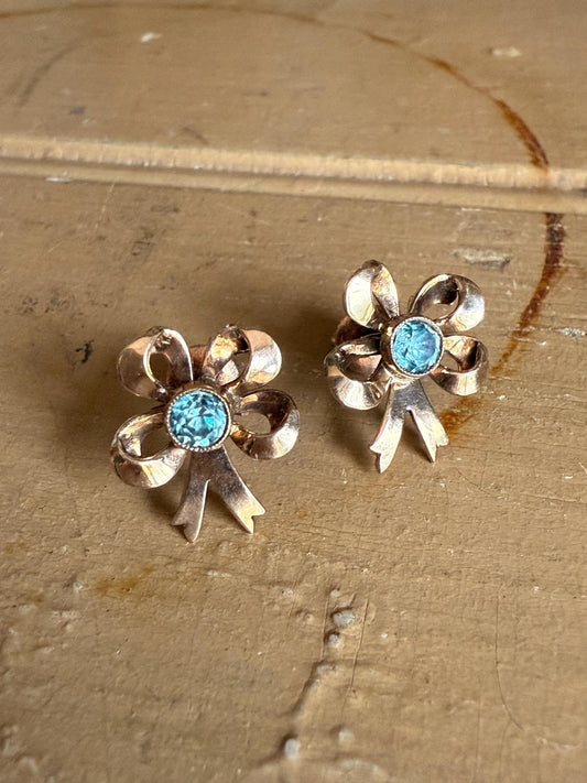 Retro c1930 E.& J. B. New York Jewelers 10K Rose Gold Zircon Bow Earrings