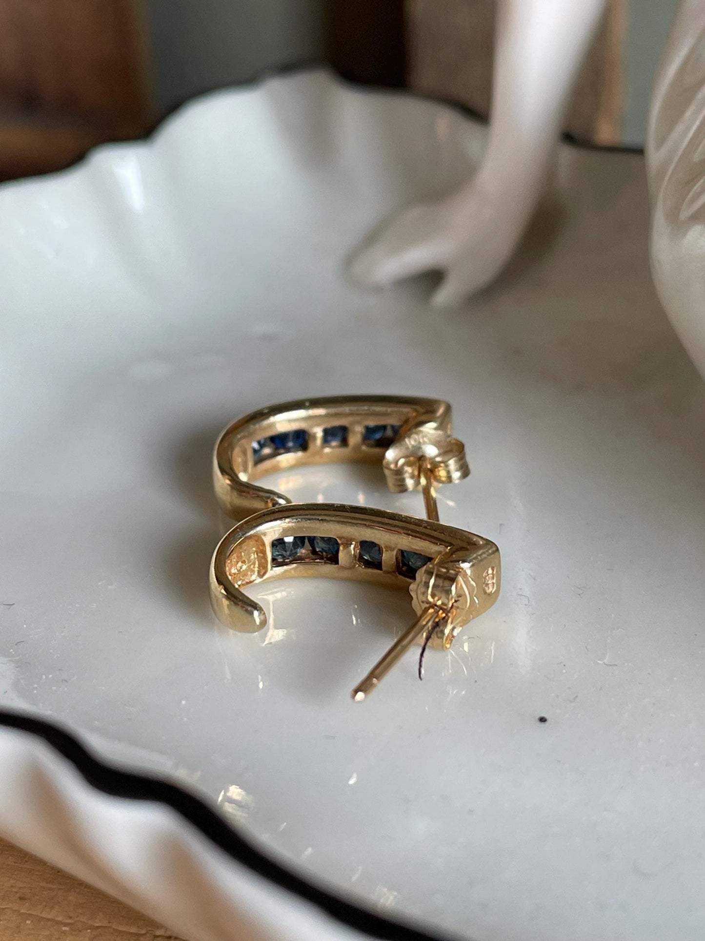 Vintage 14K Yellow Gold Channel Set Round Cut Sapphires in Half Hoops Earrings