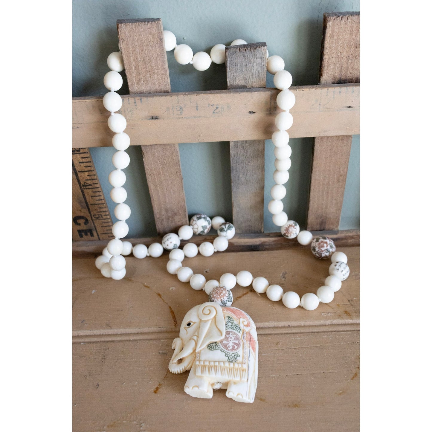 Carved Good Luck Chinese Elephant Necklace Hand Painted