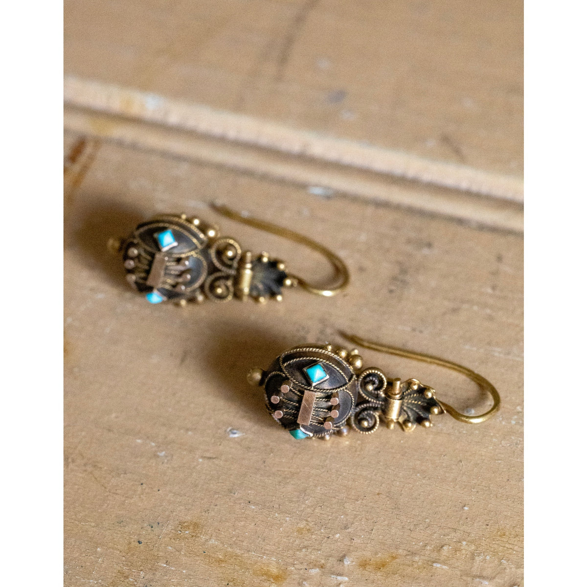 14K Bloomed Gold Victorian Antique Etruscan Revival Turquoise Dangle Earrings
