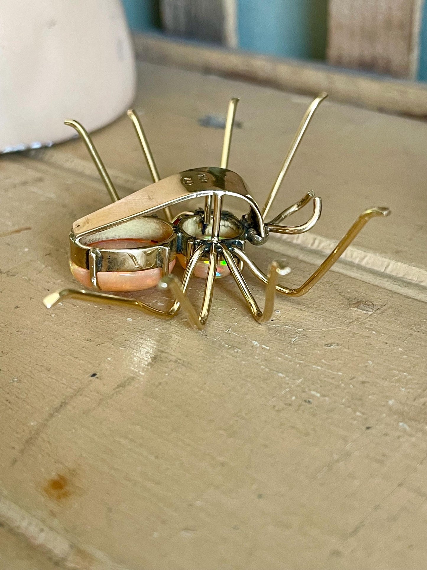 Vintage 14K Yellow Gold Mexican Opal Spider Pendant