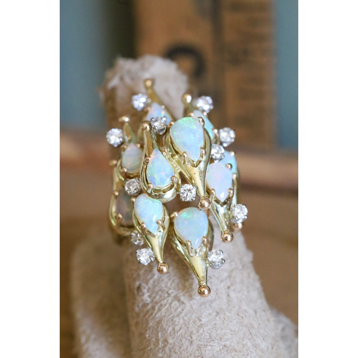A Fine 1960's Jack Gutschneider 14K Opal and Diamond Cocktail Ring