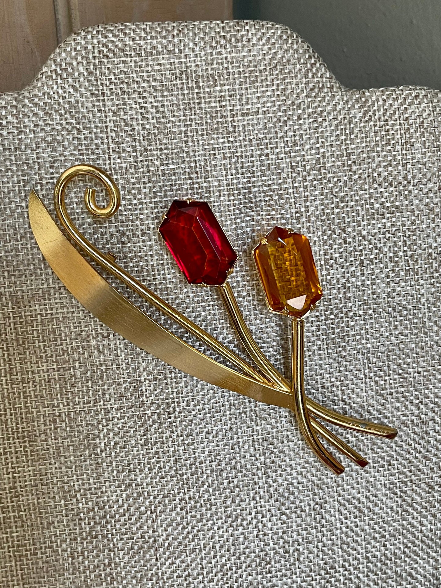 Mid-Century Red and Citrine Glass Fashion Brooch -Huge