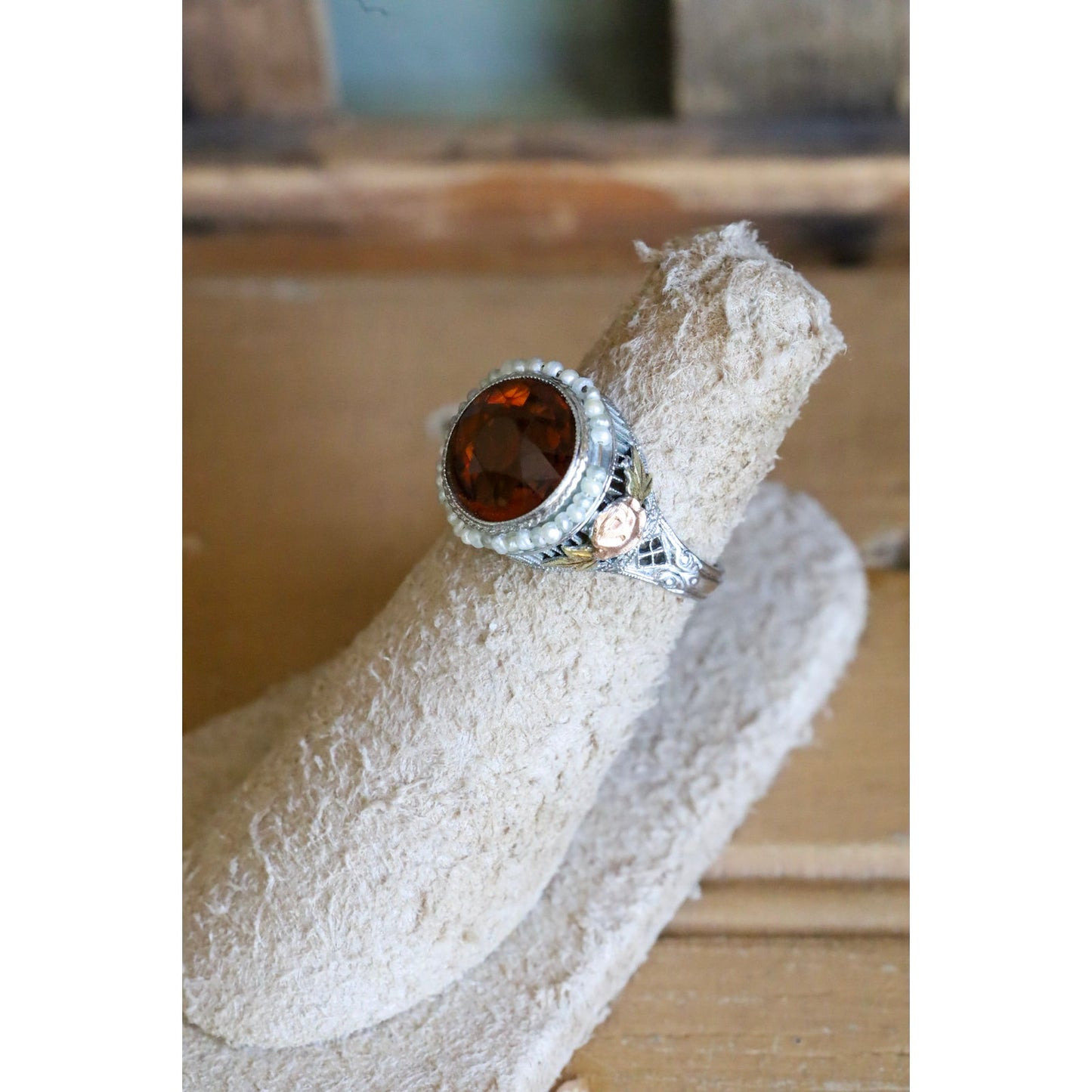 c1930 Art Deco 14K White, Rose, Green Gold Filigree Maderia Citrine and Seed Pearl Ring