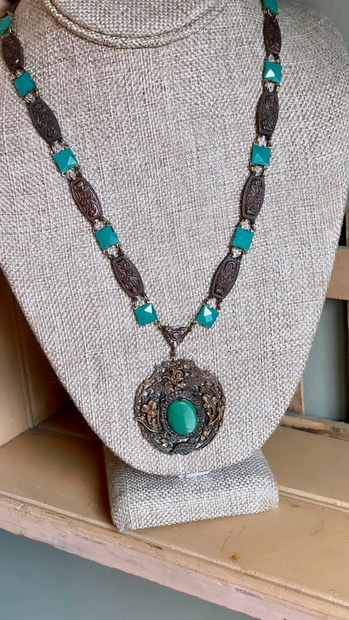 Unusual c1915 Late Edwardian Brass Tone Necklace with Green Faceted Glass