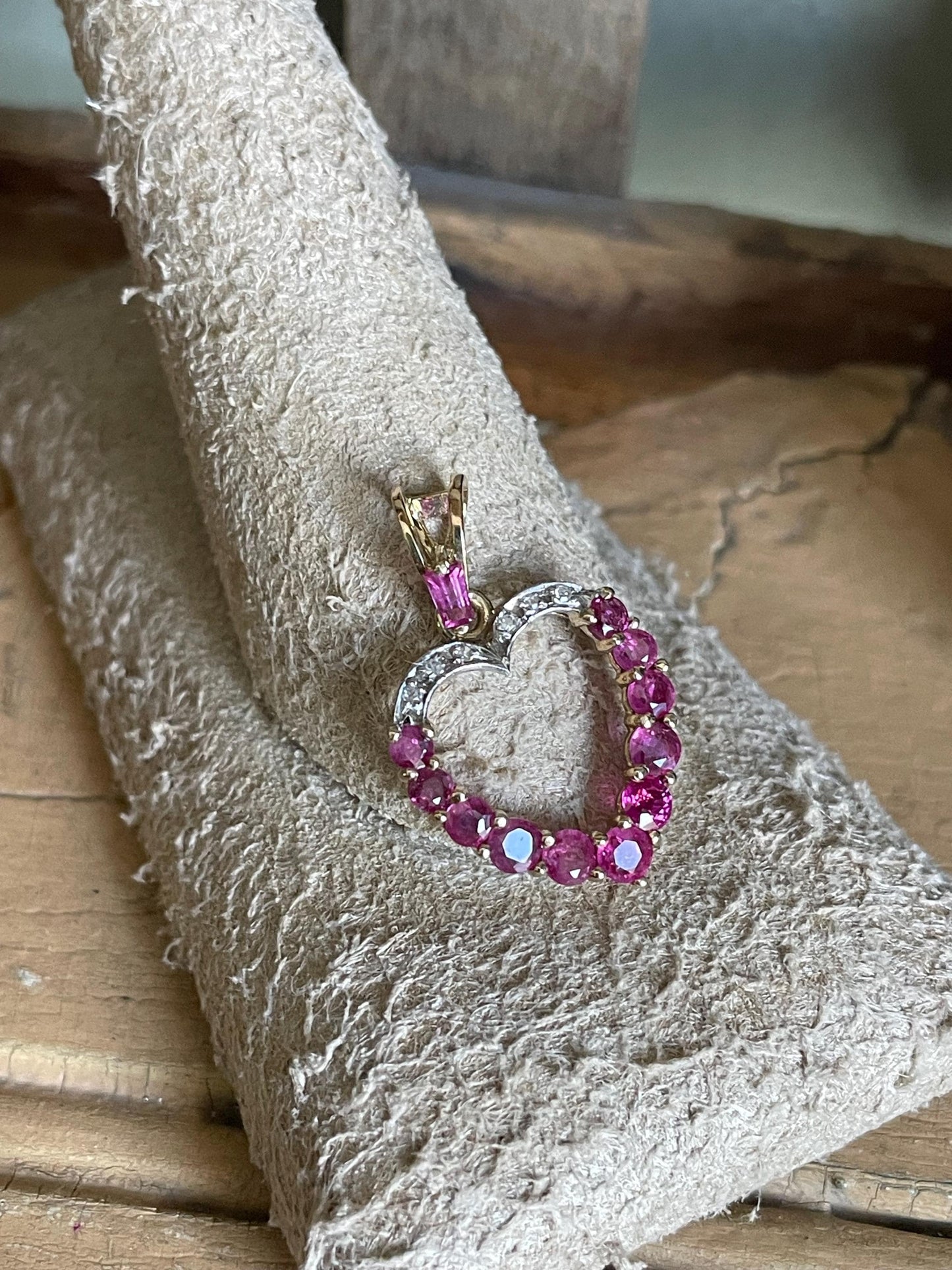 HOLD Vintage 14K Yellow and White Gold Ruby and Diamond Open Heart Pendant