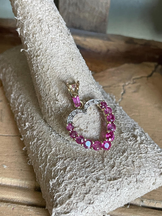 HOLD Vintage 14K Yellow and White Gold Ruby and Diamond Open Heart Pendant