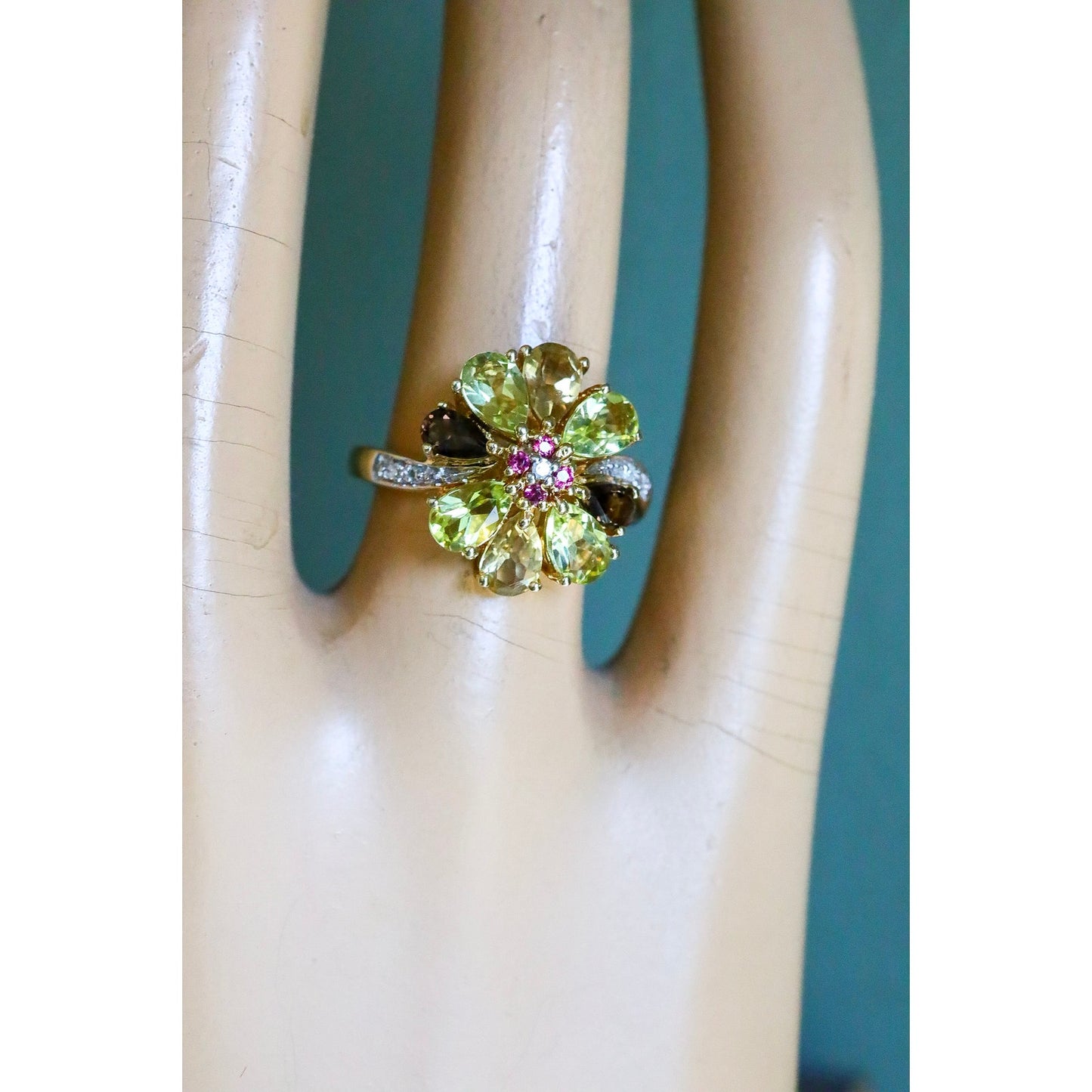 Unique Vintage Multi-Hue Citrine, Ruby and Diamond 10K Yellow Gold Ring