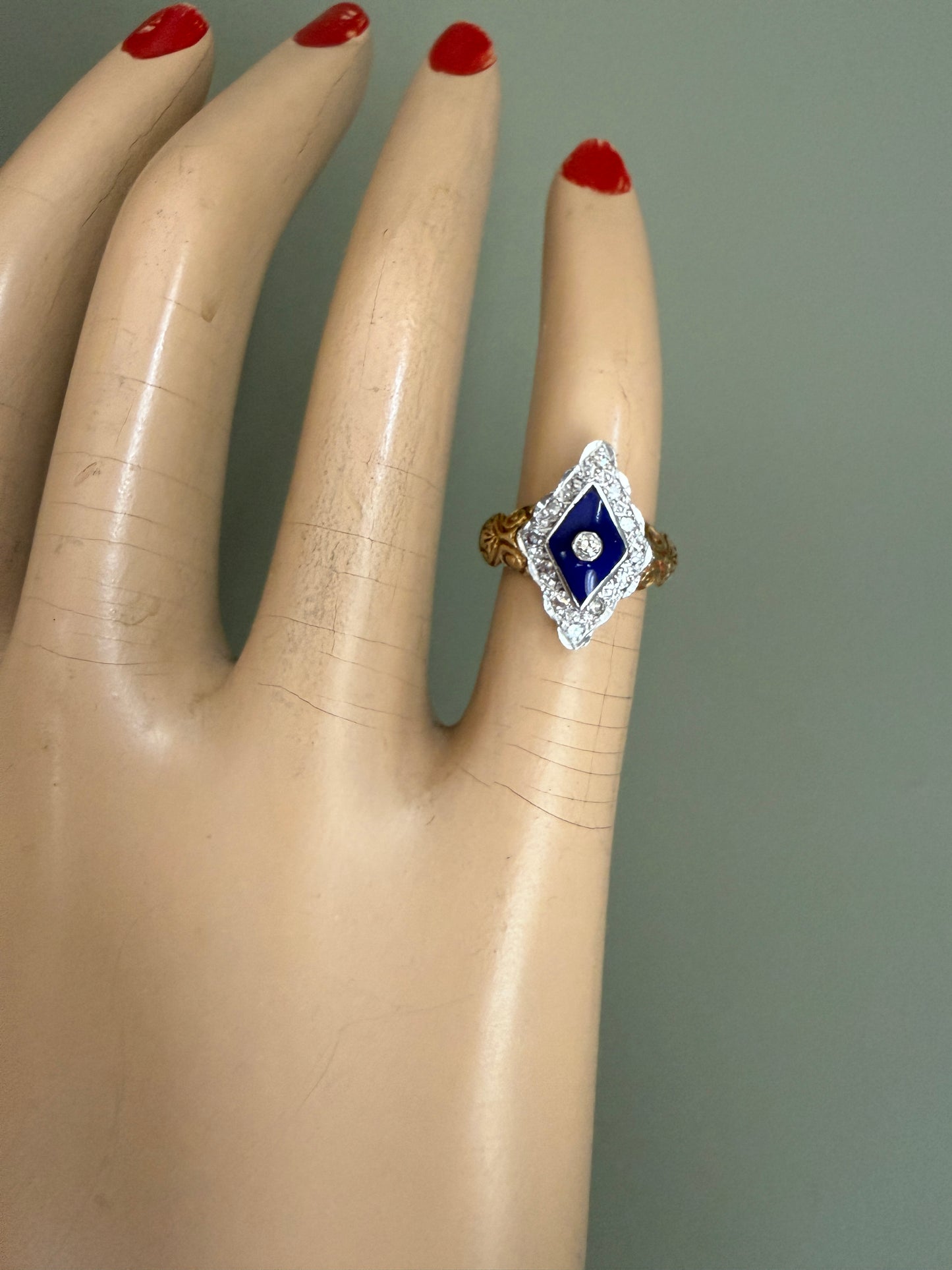 Vintage English Victorian Revival Diamond and Enamel Pinkie Ring