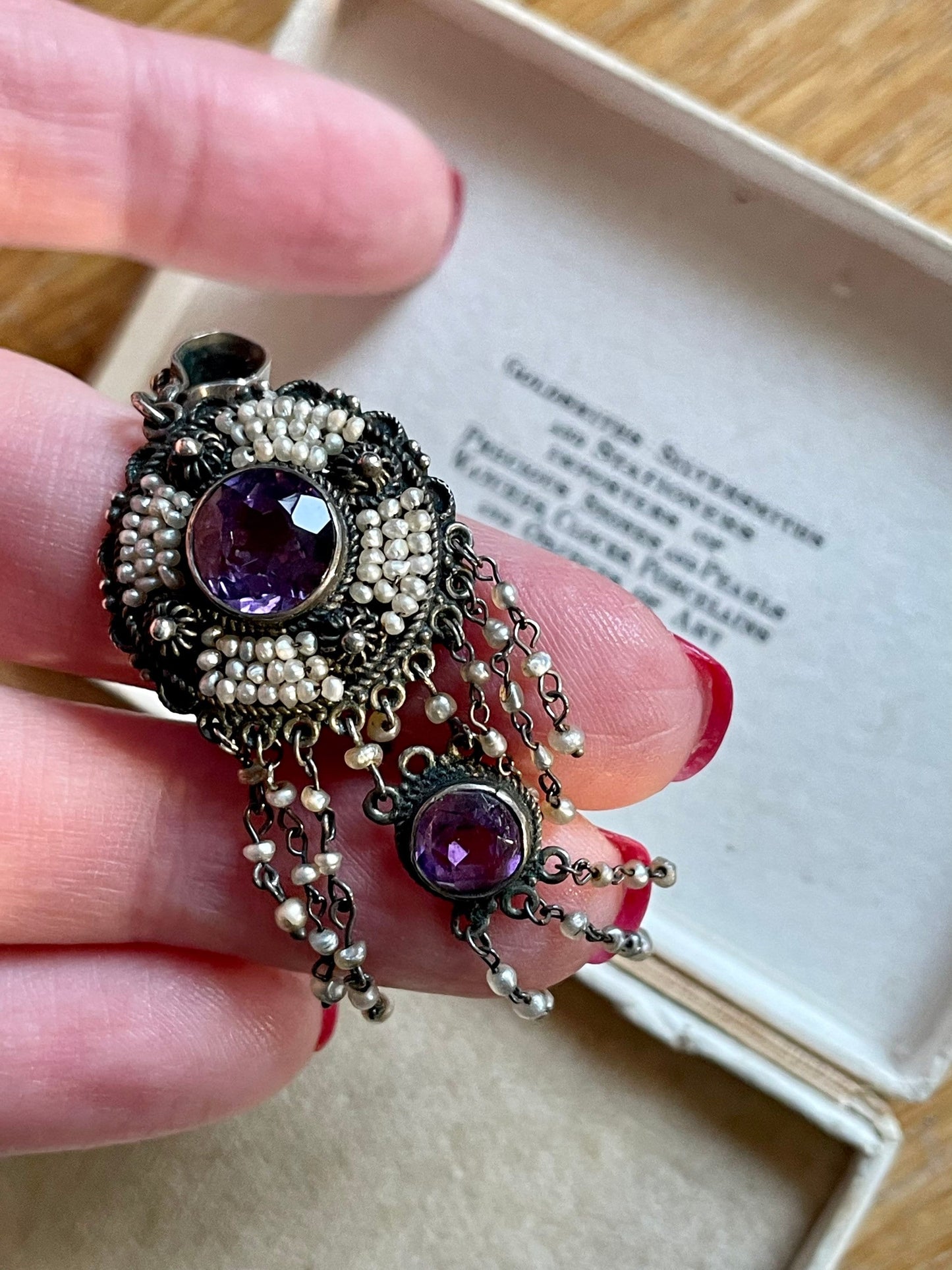 Late Victorian / Art Nouveau Amethyst and Seed Pearl Dangle Pendant