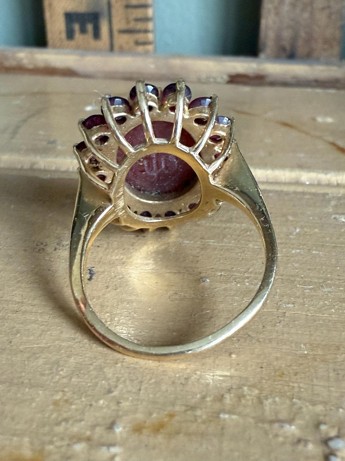 Vintage 14K Yellow Gold Carved Shell Cameo with Pink Tourmaline Halo Ring