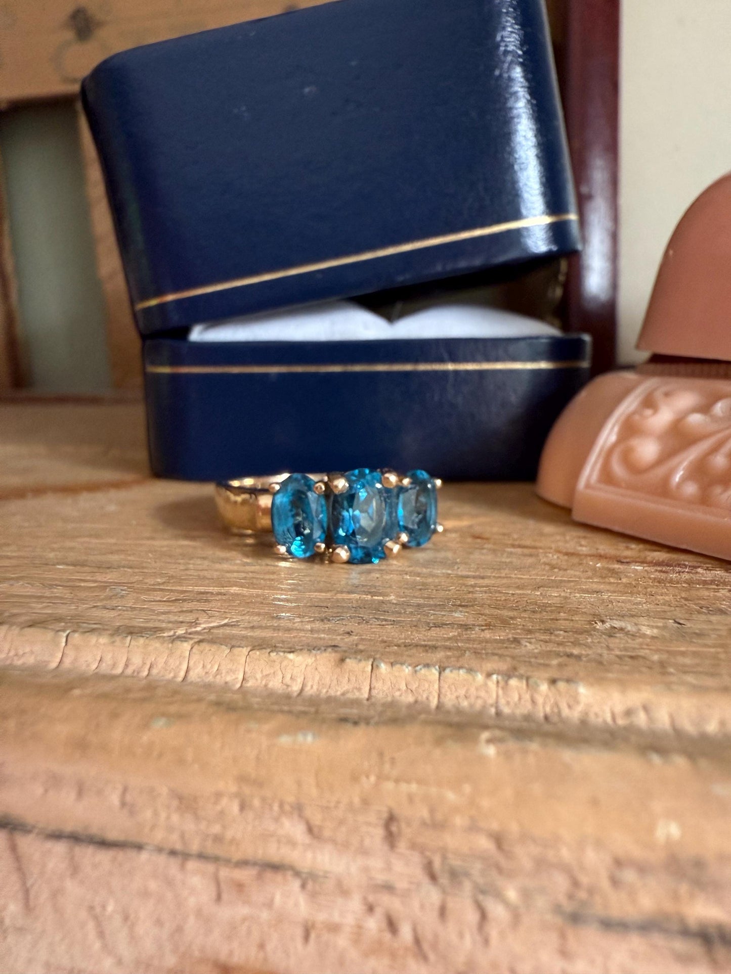 14K Yellow Gold Three Oval Cut London Blue Topaz Ring