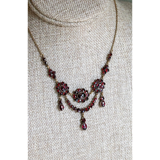 All Original Vintage German Bohemian Cut Garnet Swag Dangle Necklace