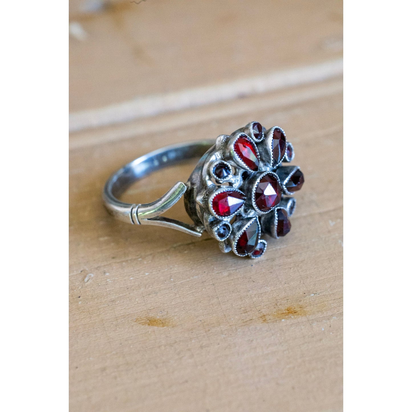 Antique Austro Hungarian Bohemian Cut Garnet Ring in Silver