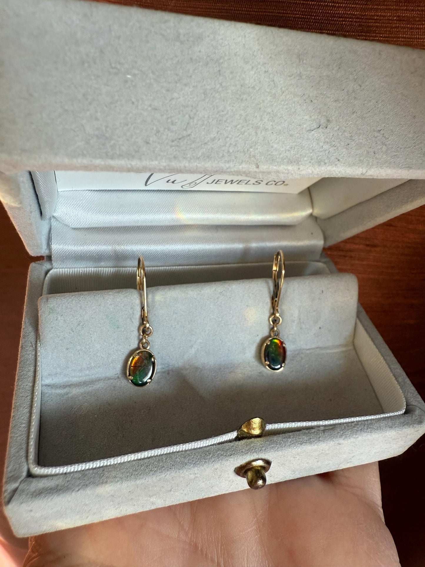 Vintage 14K Yellow Gold Dangle Earrings Featuring Ammolite Fossil