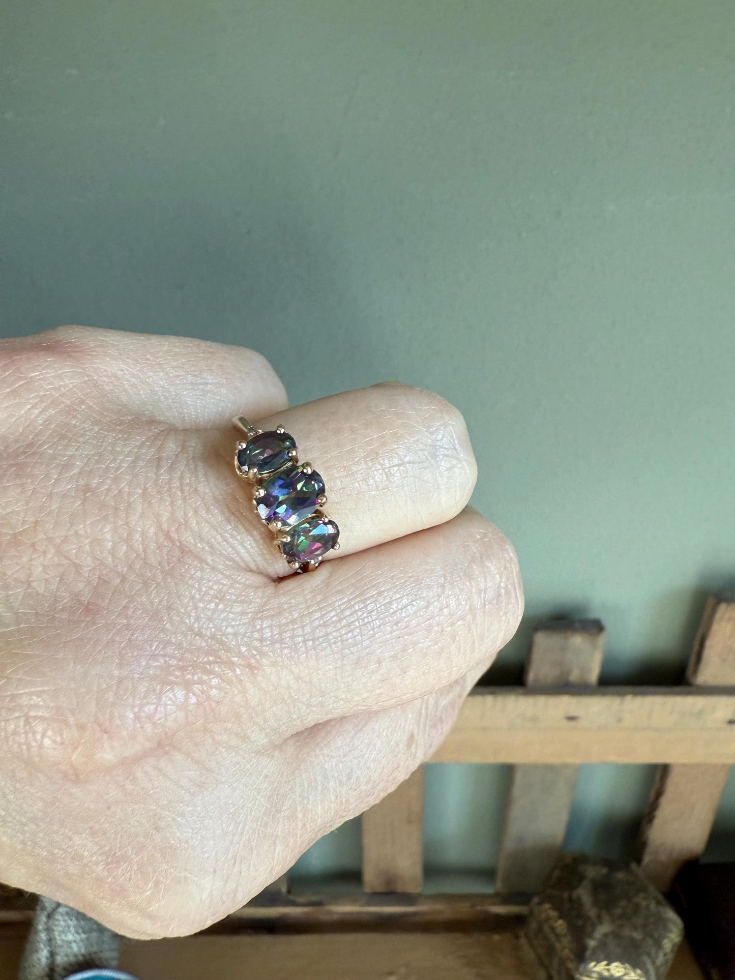 Vintage Three Oval Cut Mystic Topaz 10K Yellow Gold Ring