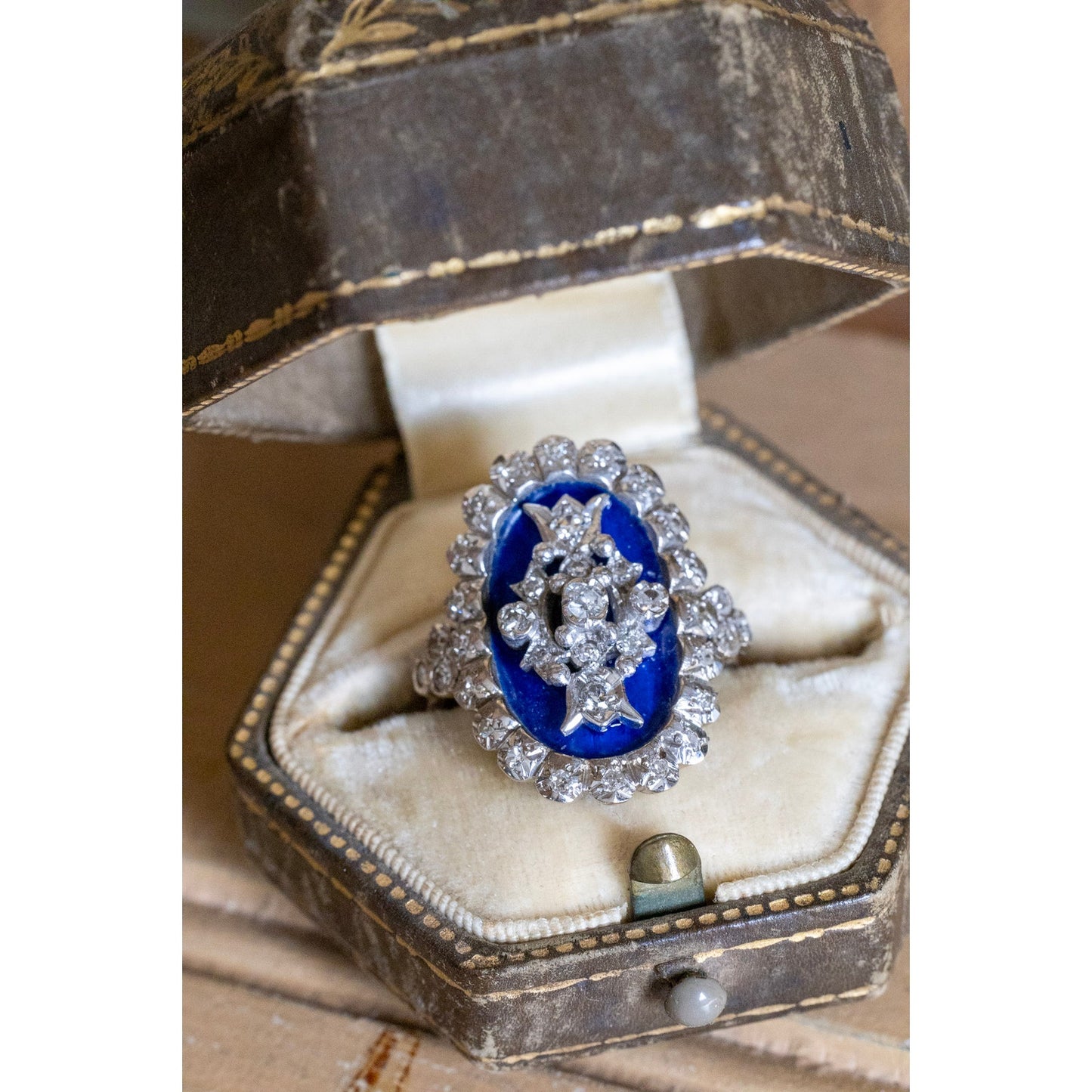 A Georgian Revival 18K English Blue Enamel and Natural Diamond Ring