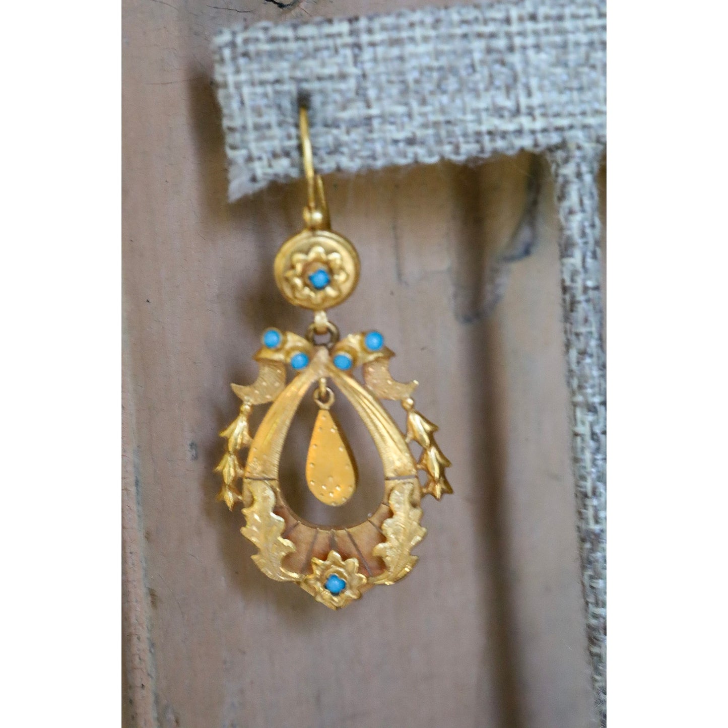 Antique Victorian 14K Yellow Gold Turquoise Set Dangle Earrings