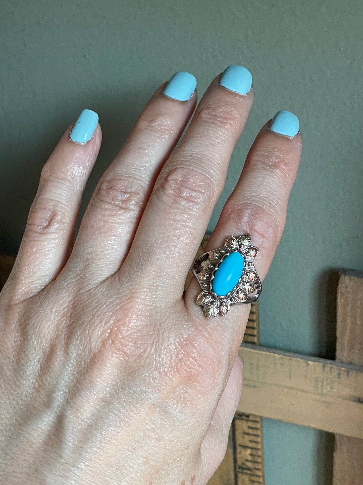 Vintage Turquoise Ring: Sterling, 12K Rose & Green Gold, Size 7