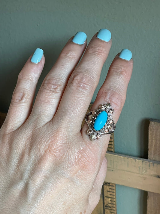 Vintage Turquoise Ring: Sterling, 12K Rose & Green Gold, Size 7