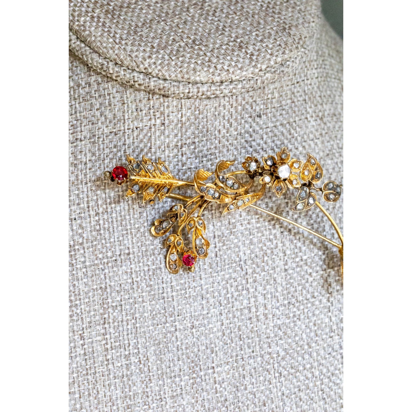 Antique 8-9K Yellow Gold Large Arrow and Floral Diamond Set Brooch