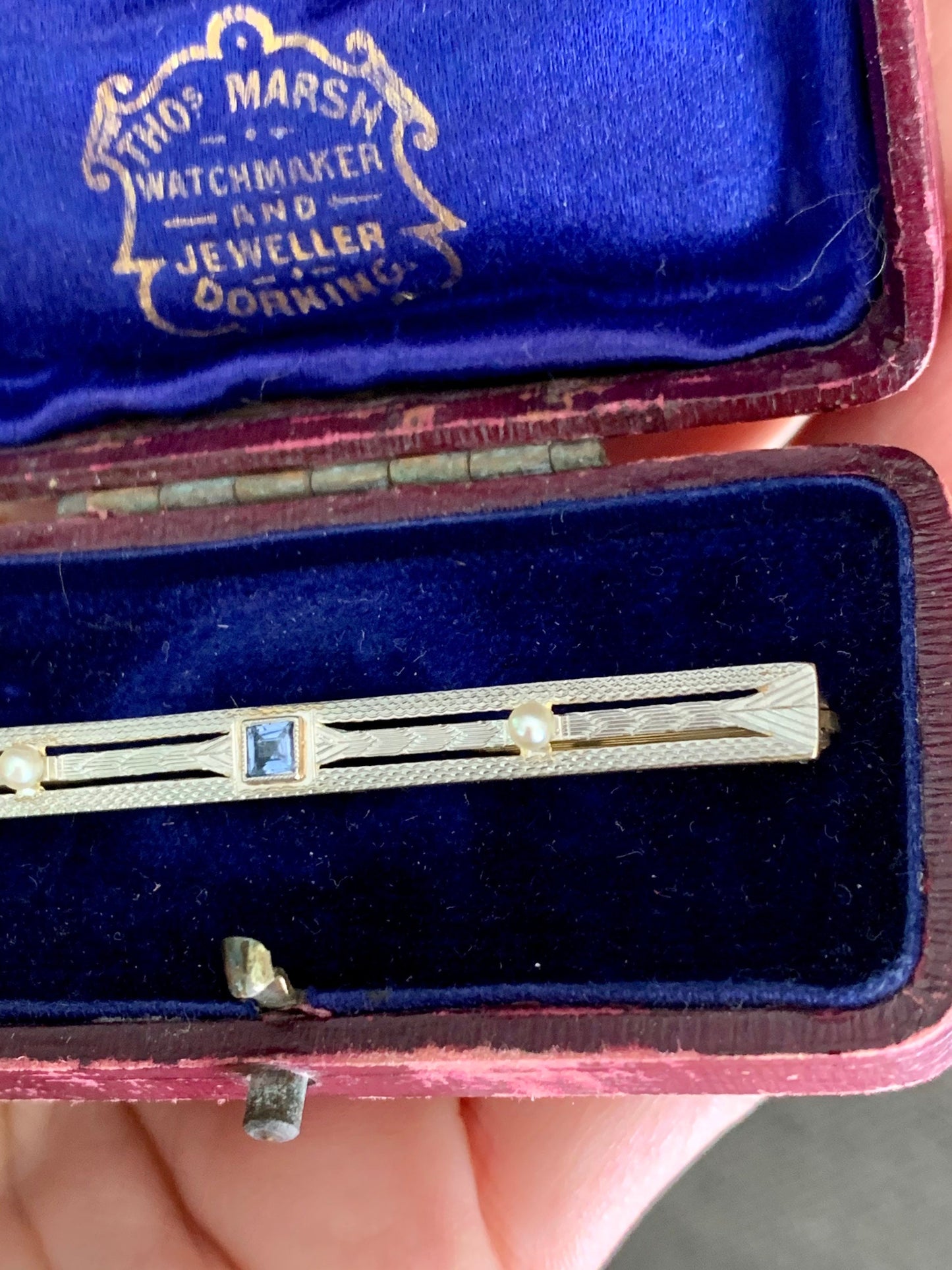 c1920 14K Yellow Gold Allsopp - Bliss Topaz Seed Pearl Bi-Color Bar Brooch