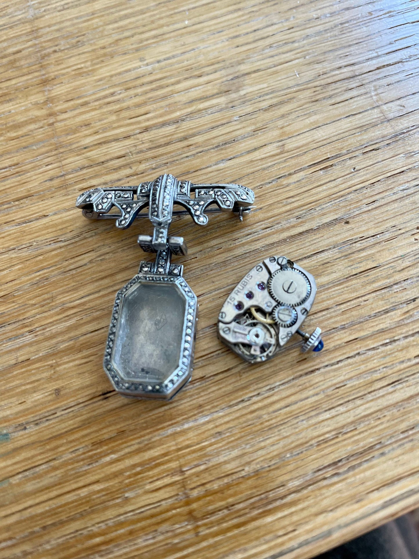 800 Silver Marcasite French Art Deco 1920 Watch Brooch