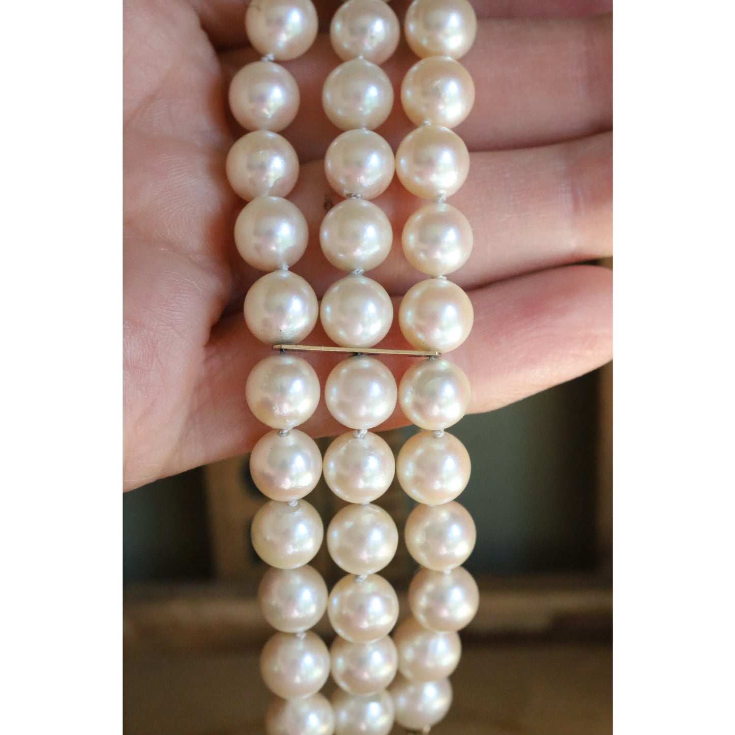 Vintage 14K Yellow Gold Wide Three Strand Pearl Bracelet