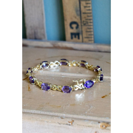 Vintage Solid 14K Yellow Gold Oval Cut Amethyst Gemstone Line Bracelet 11CTS