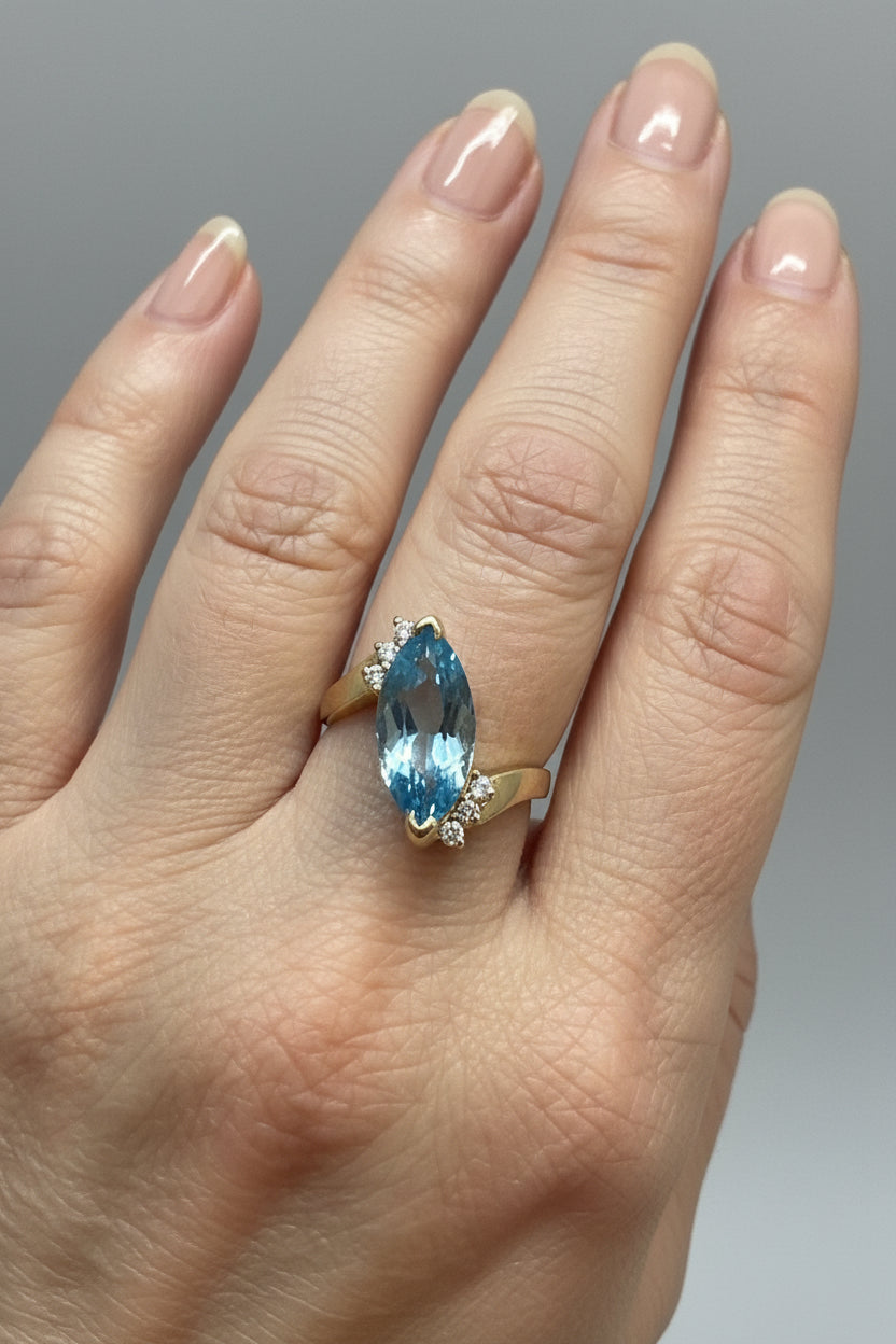Vintage 10K Yellow Gold Marquis Cut Blue Topaz and Diamond Ring