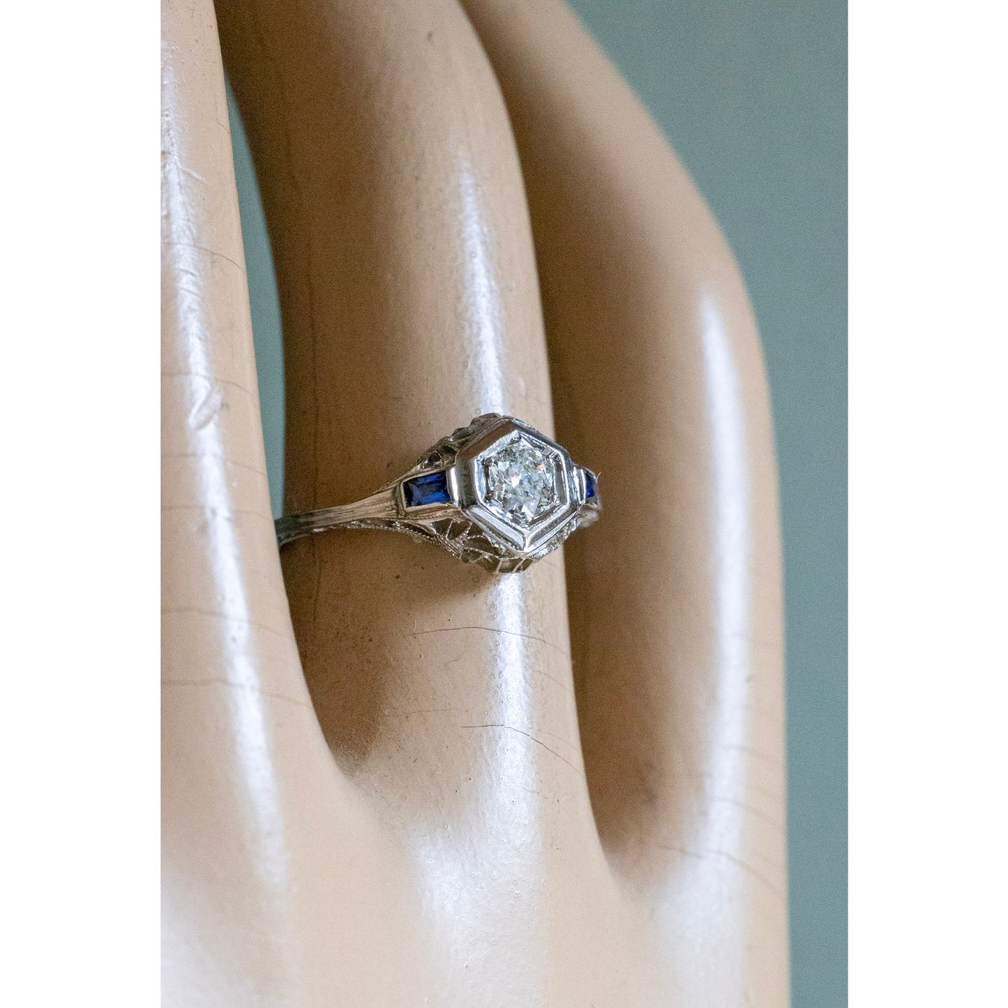 1930-1940's Art Deco 18K White Gold Old European Cut Diamond and Sapphire Filigree Ring