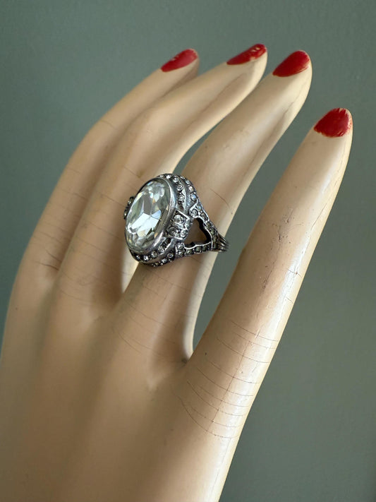 Art Deco Sterling Silver Oval Crystal Ring c1930