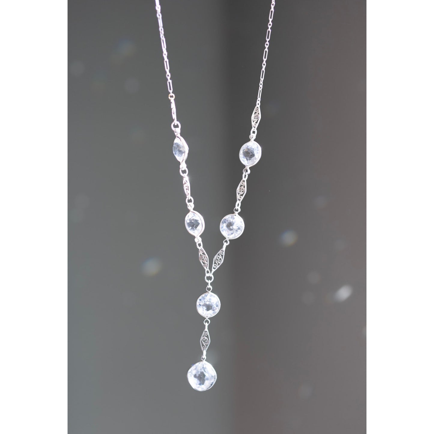 C1920 Rhodium Plated Art Deco Cut Crystal Dangle Necklace