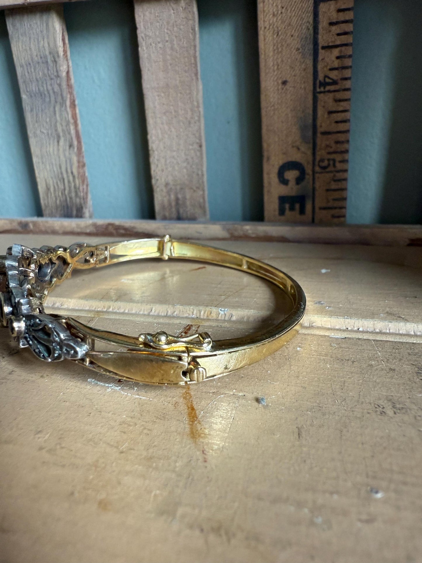 Vintage Italian Natural Sapphire and Diamond 18K Yellow Gold and Sterling Silver Topped Bangle Bracelet