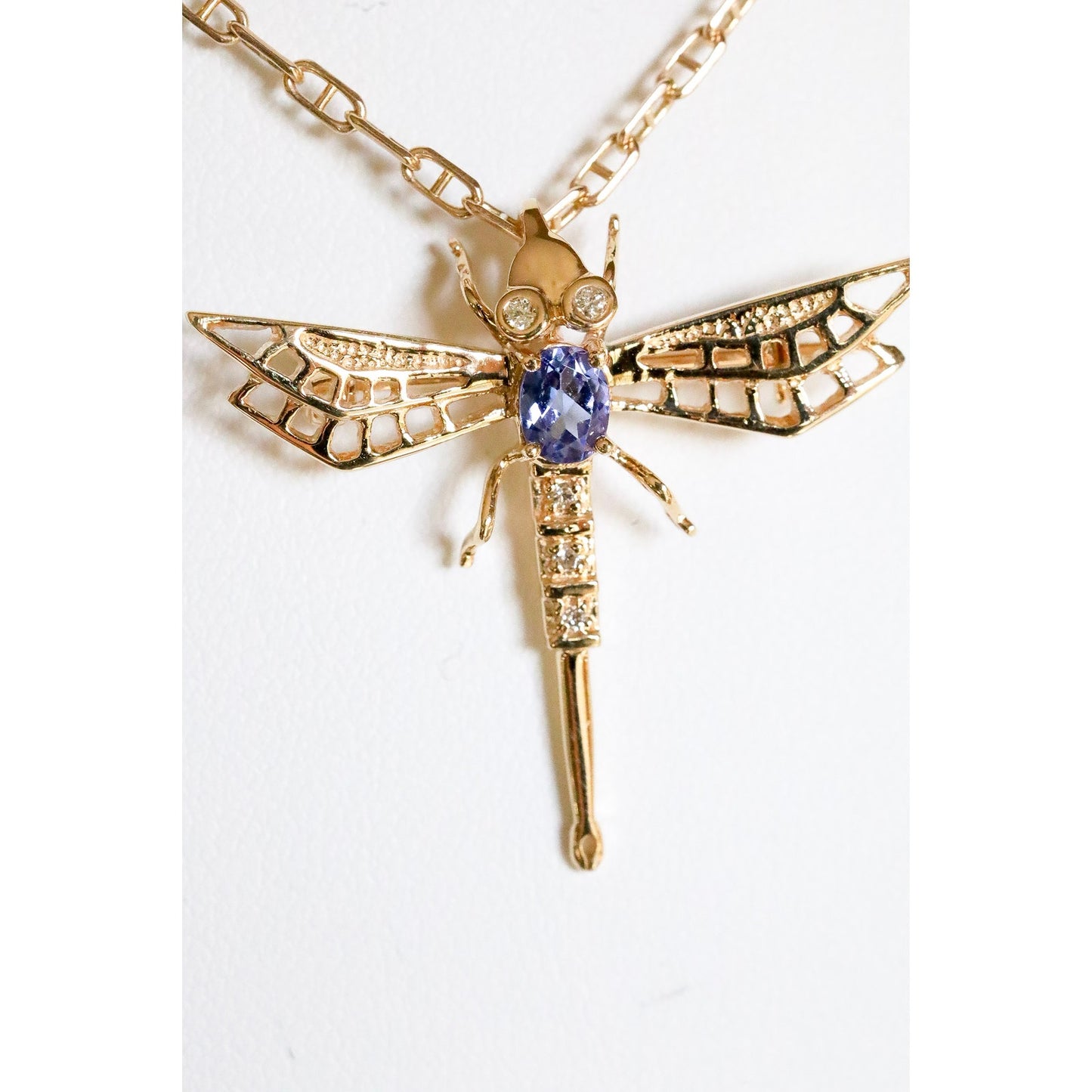 A 14K Yellow Gold Tanzanite and Diamond Dragonfly Brooch Pendant