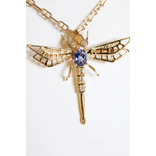 A 14K Yellow Gold Tanzanite and Diamond Dragonfly Brooch Pendant