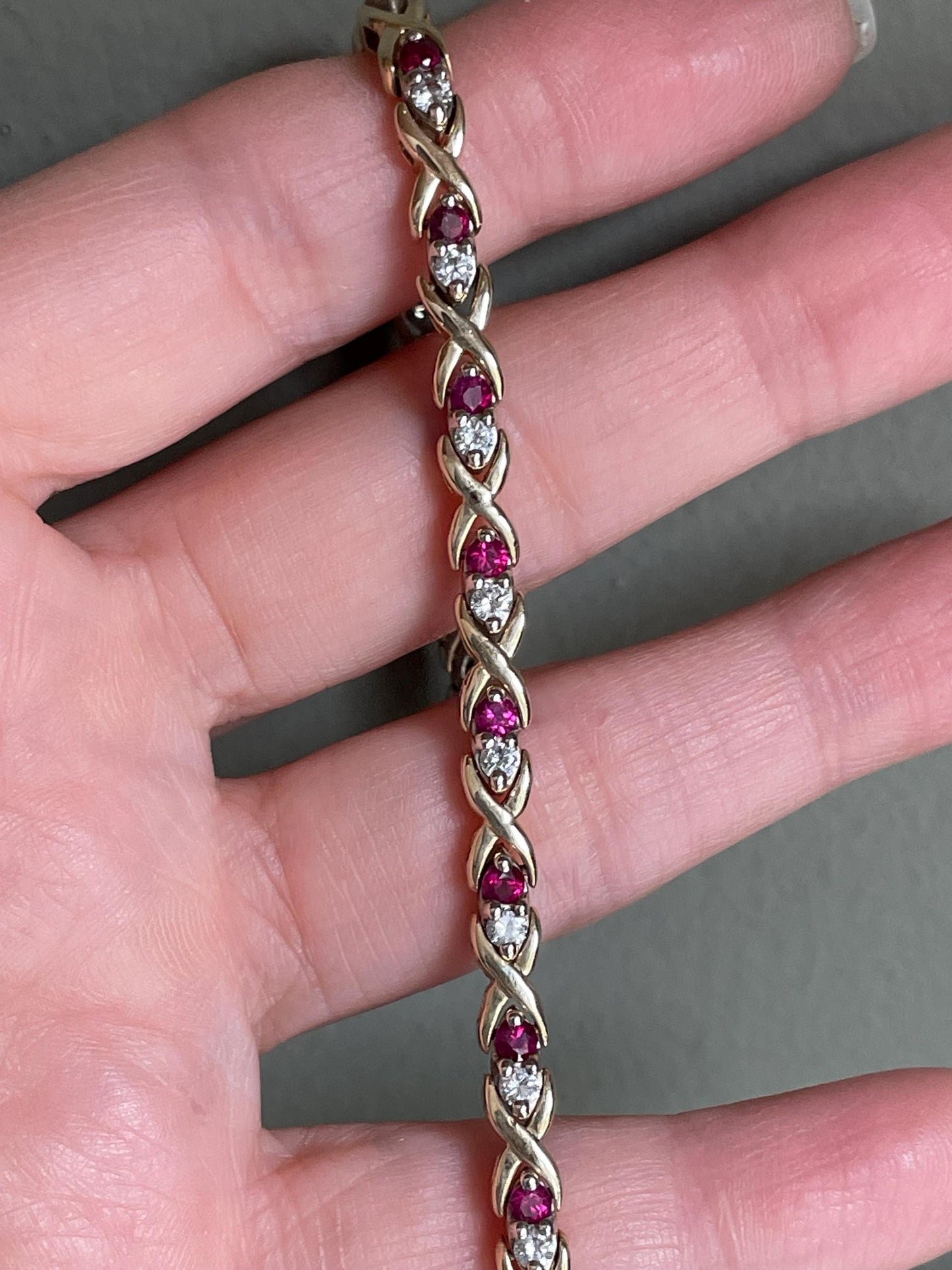 Solid 14K Yellow and White Gold Vintage Ruby and Diamond Link Bracelet