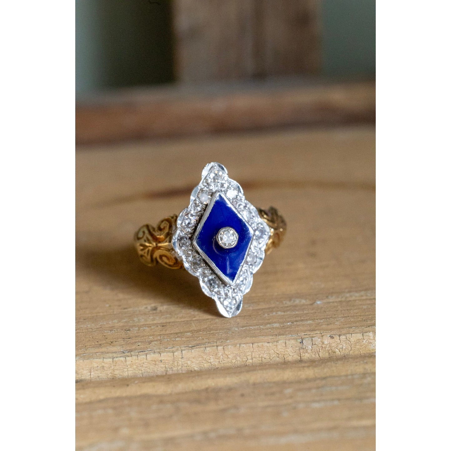 Vintage English Victorian Revival Diamond and Enamel Pinkie Ring