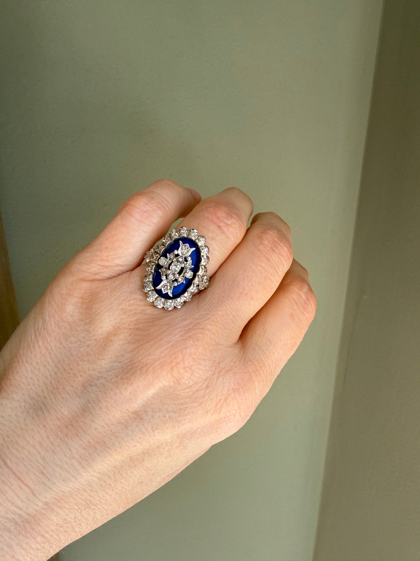 A Georgian Revival 18K English Blue Enamel and Natural Diamond Ring