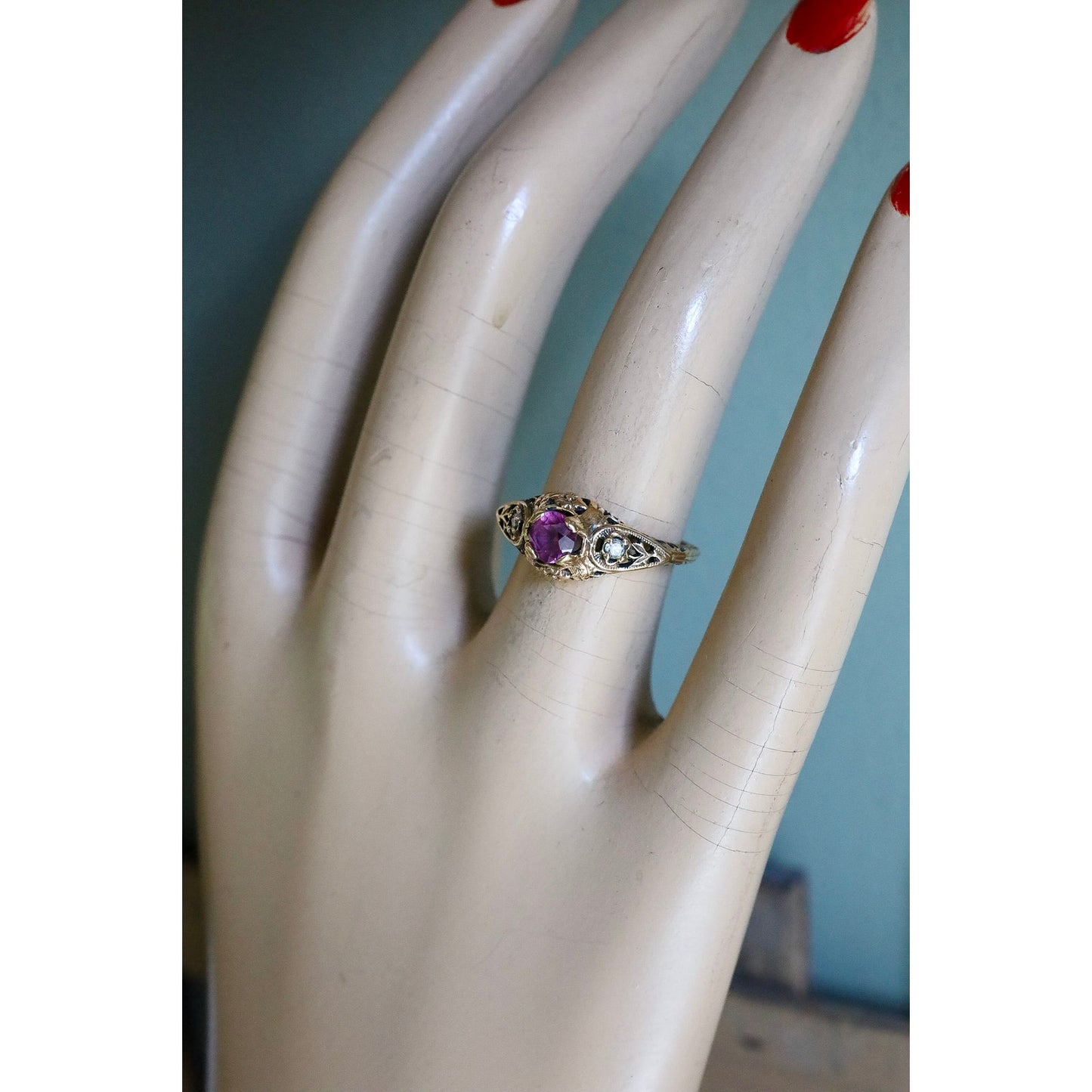 Vintage Art Deco Style 14K Yellow Gold Amethyst and Diamond Ring