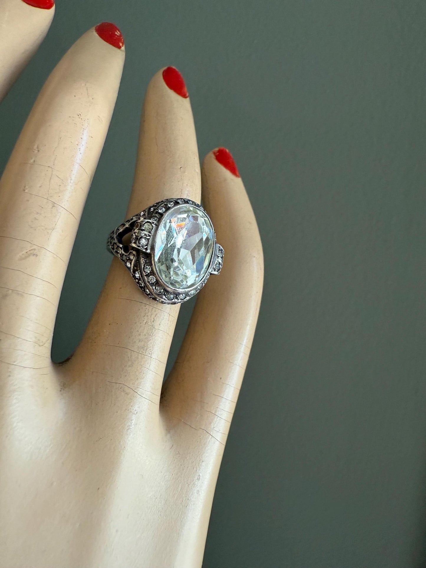 Art Deco Sterling Silver Oval Crystal Ring c1930