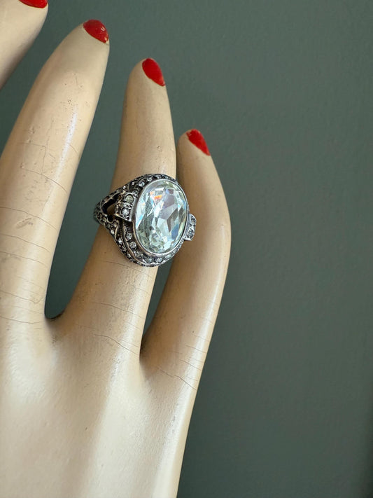Art Deco Sterling Silver Oval Crystal Ring c1930