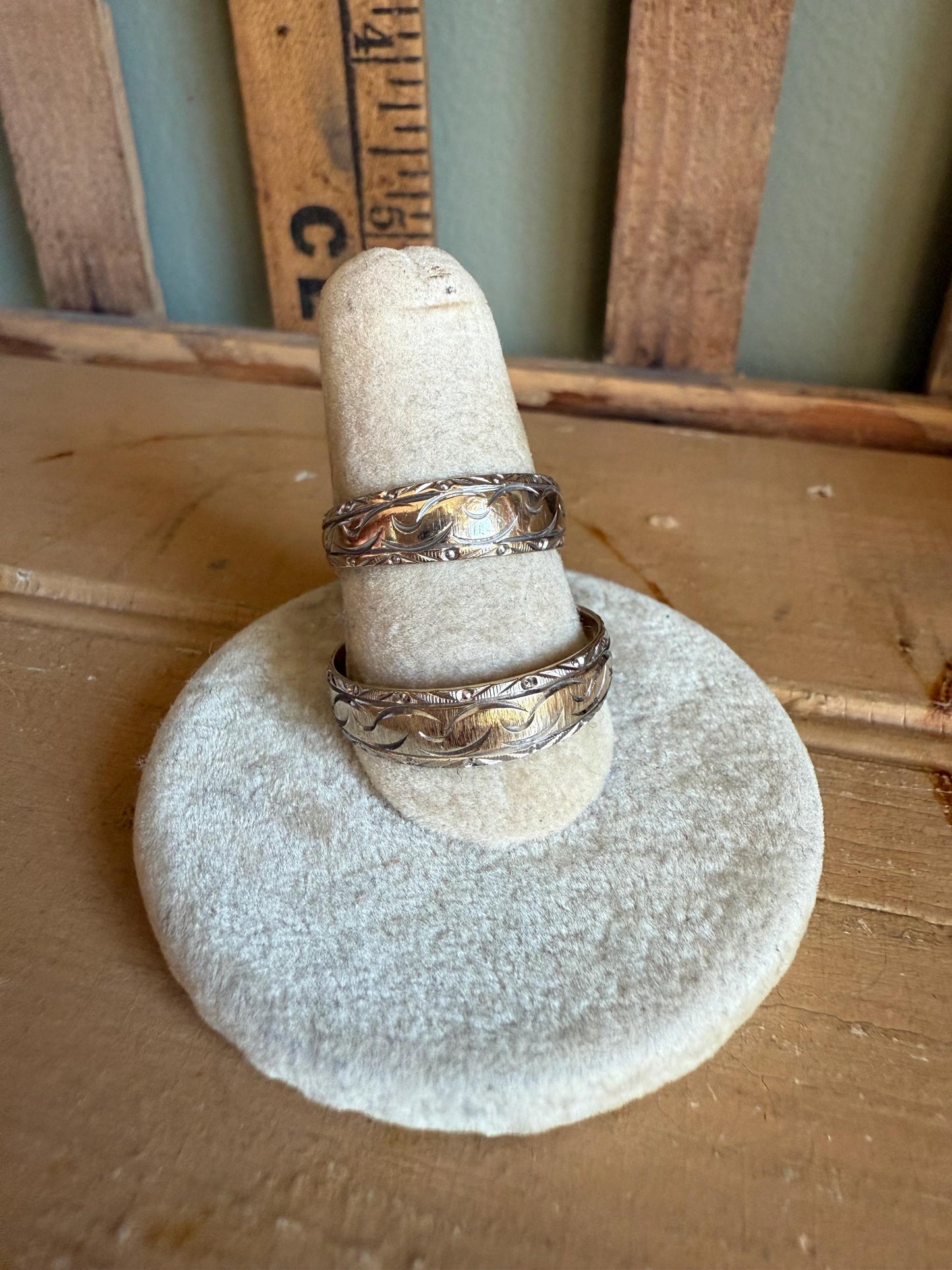 A Rare Matching Mid Century Bi Color 14K Engraved Wedding Bands