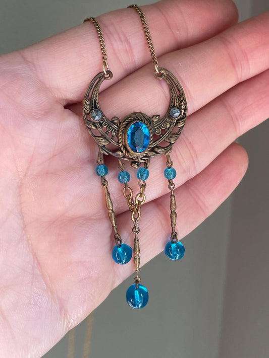Antique Czechoslovakian Teal Glass Set Pendant in Crescent Moon with Pyrite Accents with Chain