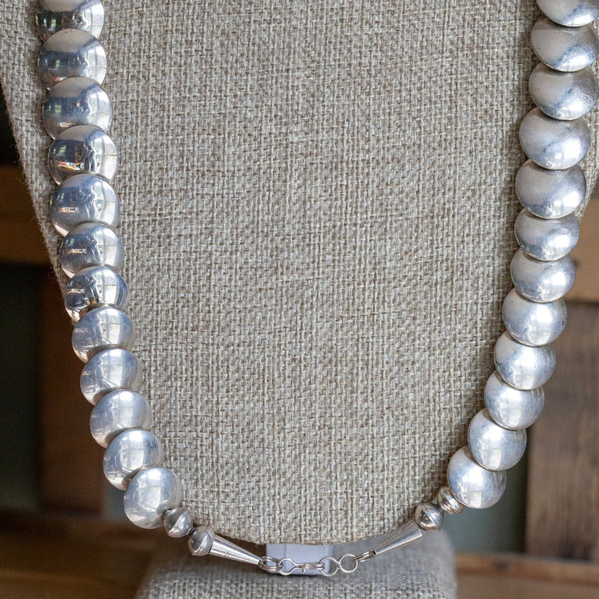 Vintage Sterling Silver Navajo Pillow Bead Concha Stamped Strand