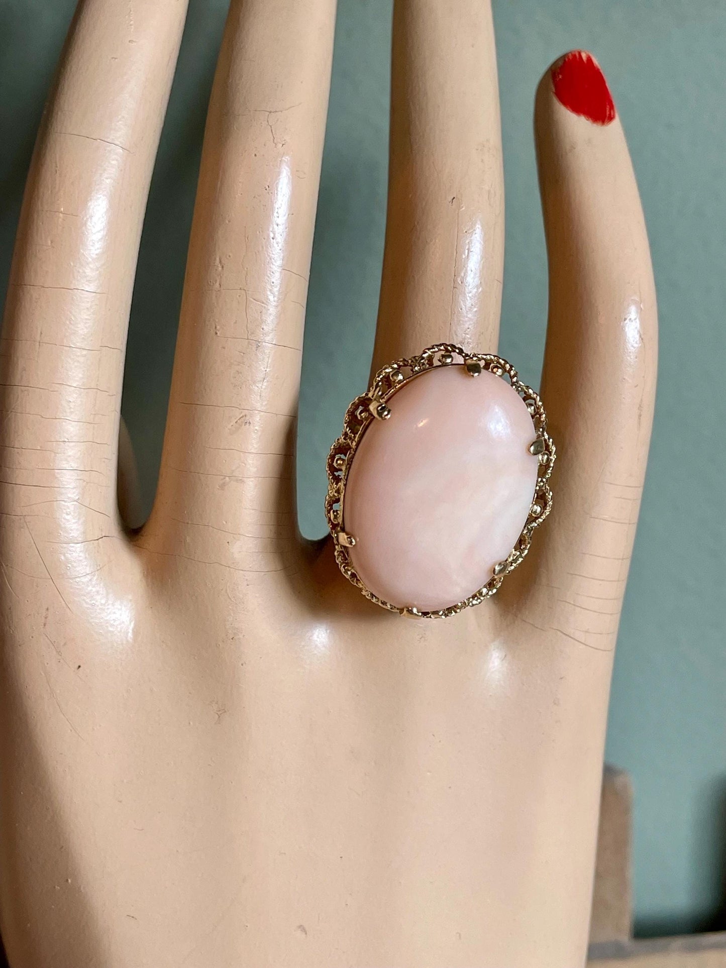 1960's Angel Skin Coral 14K Yellow Gold Cocktail Ring